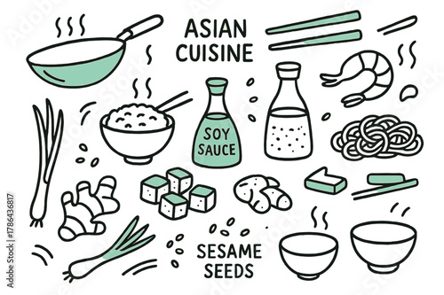 Asian Cuisine Icons. // Asian cuisine. Hand-drawn doodle illustration Asian cuisine [wok pan (accented), chopsticks (accented), rice bowl, soy sauce bottle