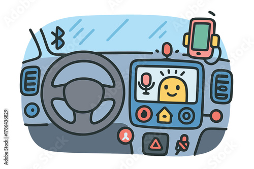 Colorful Car Dashboard Doodles. In-car dashboard assistant. Colorful Hand-drawn doodle Children illustration In-car dashboard assistant steering wheel,