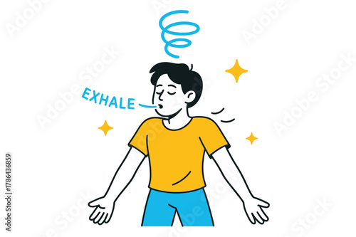 Releasing Tension Illustration. Releasing Tension. Shoulders drop and spiral lines unwind upward; a faint ?exhale? fades into air. Minimal sparks mark calm