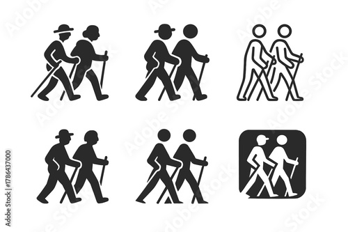 Active Aging Logos. Active aging. Set Logo of Active aging: walking group with poles. harmonious logo variations of the same emblematic concept, each with