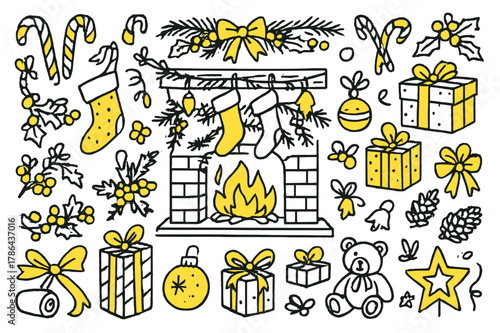 Festive Christmas Doodles. Christmas decorations. Hand-drawn doodle illustration Christmas stockings (colored), fireplace (colored), mantel (colored), candy