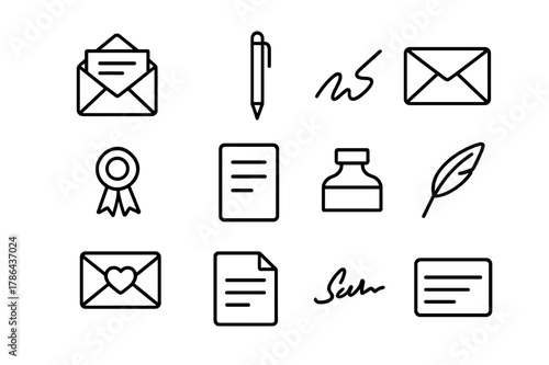 Correspondence Icon Set. Correspondence. Line icon set of Correspondence: open letter, pen, handwriting, envelope, wax seal, paper sheet, ink bottle, feather