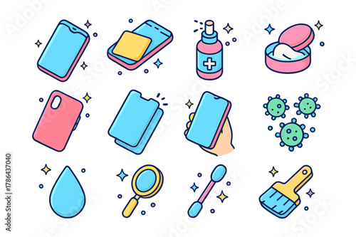 Phone Maintenance Icons. Phone maintenance. Colorful isometric vector icons set of phone maintenance: smartphone, cleaning cloth, disinfecting spray, wipes,