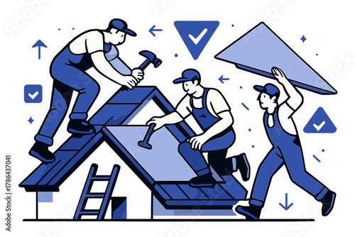 Dynamic Roofing Crew. Roofing and finishing. Crew installing top-level structures and panels; floating