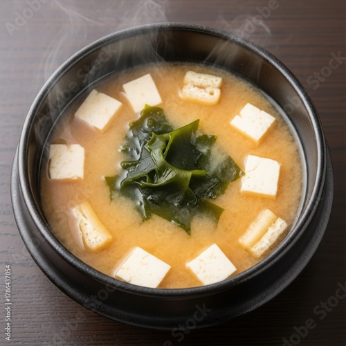 Steaming Bowl of Miso Soup with Tofu and Wakame Seaweed.
