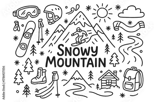Snowy Mountain Doodle. Snowy Mountain. Hand-drawn doodle illustration of a snowy mountain with a skier or