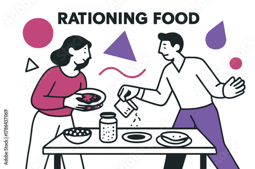 Geometric Food Rationing. Rationing Food. Table with measured portions of food and floating abstract geometric shapes, organized and responsible scene. Modern