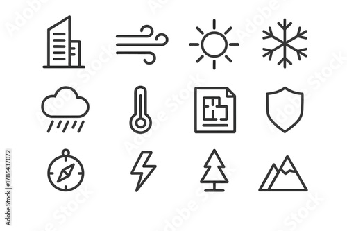 Extreme Climate Icons. Extreme climate architecture. Line outline icon set of extreme climate architecture: