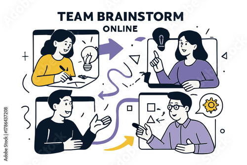 Dynamic Team Collaboration. Team Brainstorm Online. Multiple screens display colleagues sketching and