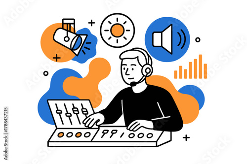 Stage Manager's Control. Lighting and sound. Stage manager monitors lighting and audio controls with abstract