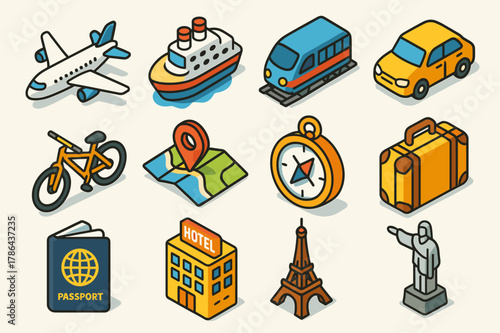 Travel Enthusiast Icons. travel enthusiast. Colorful isometric vector icons set of travel enthusiast: airplane, ship, train, car, bike, map, compass, suitcase,
