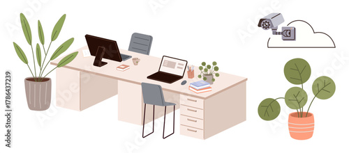 Office desk with computer, laptop, chair, plants, books, coffee cup, and a cloud-connected security camera. Ideal for workspace, productivity remote work security growth office design simple