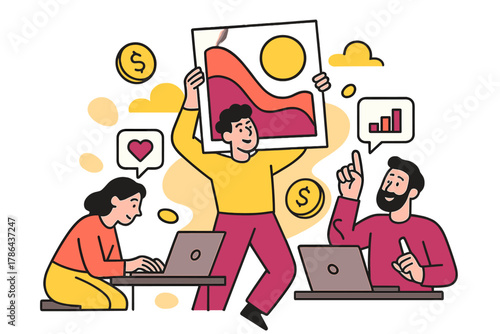 Creative Project Unveiling. Creative Project Launch. An artist unveils a colorful poster while supporters