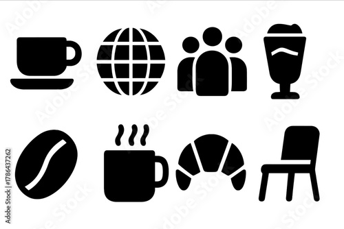 Global Coffee Icons. Global village coffeehouse. Filled icon set of global village coffeehouse: coffee cup,