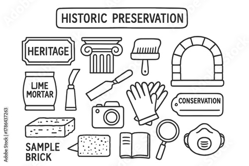 Historic Preservation Tools. Historic preservation. Hand-drawn doodle illustration historic preservation heritage plaque, column capital, arch, lime mortar