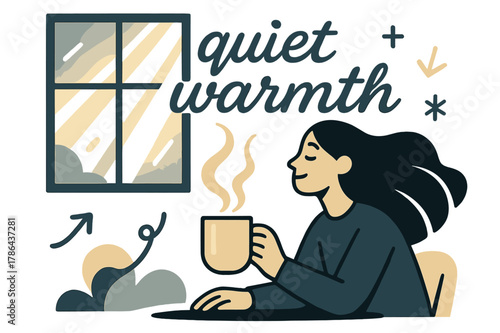 Winter Morning Warmth. Soft Light Rays ? Winter Morning. Pale sunlight spills through frosted glass; steam rises from a mug. Text ?quiet warmth? floats in soft