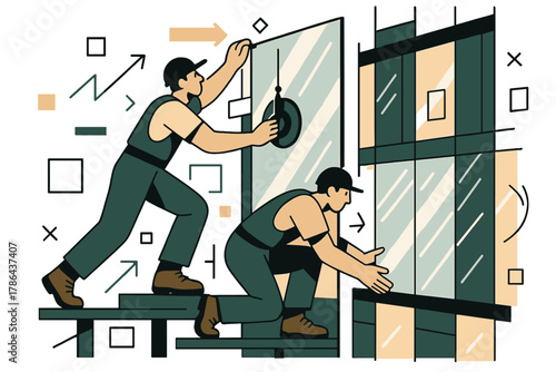 Skyscraper Facade Installation. Window and facade installation. Workers installing glass panels on skyscraper