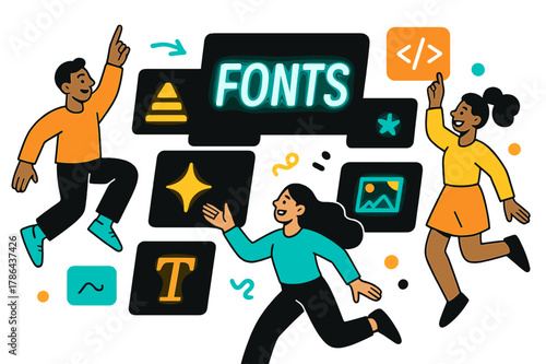 Glowing Font Showcase. Font showcase. Glowing letters displayed on abstract floating panels, icons