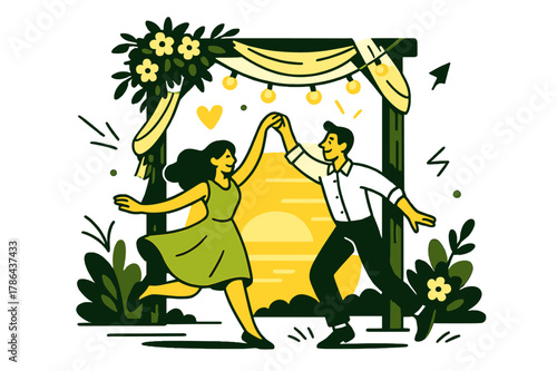 Rustic Wedding Arch. Rustic romance. A wooden arch decorated with flowers, fairy lights, and draped fabric