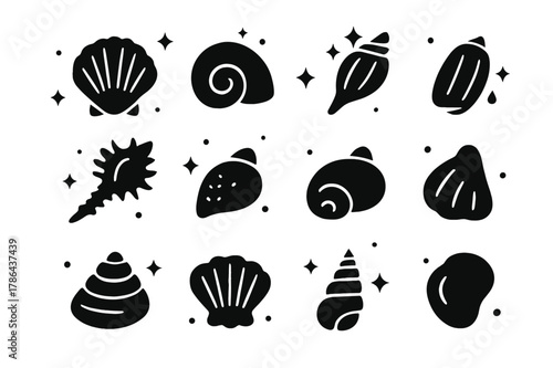 Seashell Icon Collection. Beachcombing Seashells. Solid icons set of Beachcombing Seashells: cockle shell, moon snail shell, tulip shell, olive shell, murex