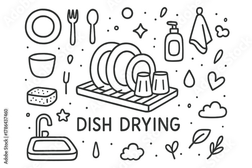 Dish Drying Doodles. Dish Drying. Hand-drawn doodle illustration of Dish Drying. In the middle, one slightly