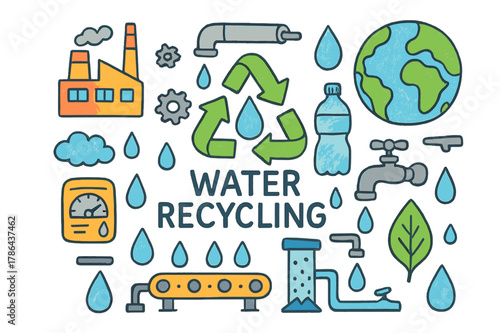 Water Recycling Doodle. Water Recycling. Colorful Hand-drawn doodle Children illustration Water Recycling recycle arrows, water drop, factory, pipe, tank,