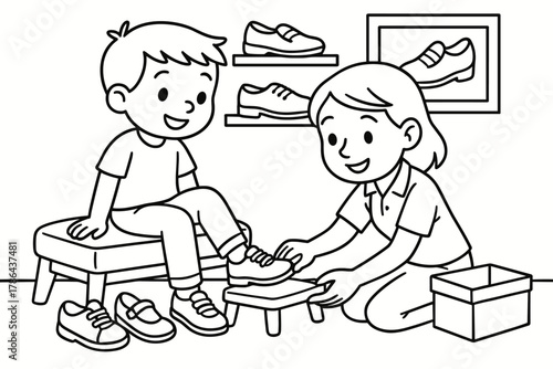Shoe Fitting Fun. Shoe fitting children?s coloring book illustration, outlined drawing, child trying on shoes