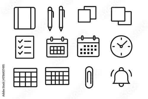 Planning Toolkit Icons. Planning toolkit. Line outline icon set of planning toolkit: planner notebook, pen,