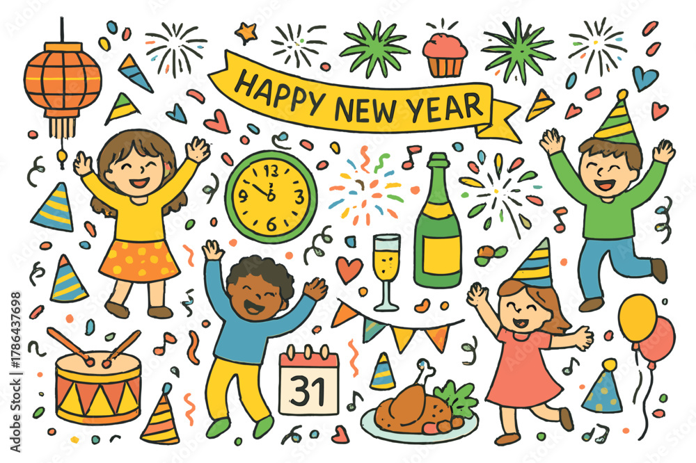 Obraz premium New Year's Festivities. New Year celebration. Colorful Hand-drawn doodle Children illustration New Year celebration fireworks, clock, champagne, confetti,