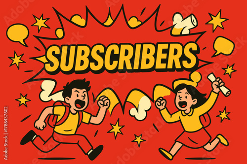 Dynamic Subscriber Celebration. Subscribers banner, splash explosion, bold oversized text inside banner, cartoon characters shouting and running, holding