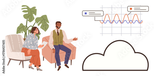 Two people seated on chairs discussing data graphs displayed above a cloud. Ideal for teamwork, data analysis, cloud computing, collaboration, brainstorming, business planning, innovation. Simple