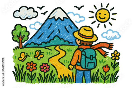 Colorful Mountain Doodle. mountain view. Colorful Hand-drawn doodle Children illustration mountain view person, tall grass, wind, distant mountain, clouds,