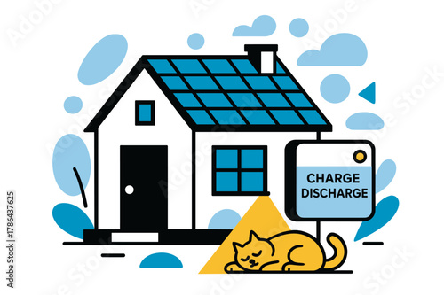 Solar-Powered Serenity. Home Battery & Solar Roof. A cozy house wears neat PV shingles; a wall battery glows with ?Charge ? Discharge.? A pet naps under a