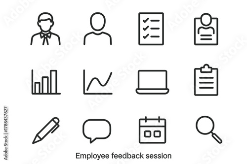 Employee Feedback Icons. Employee feedback session. Line outline icon set of employee feedback session: