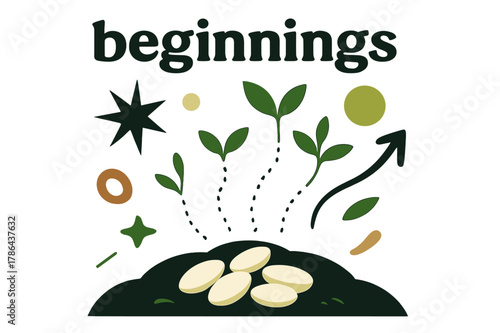 Sprouting Dreams. Seeds. A handful of seeds rests on open soil; small dotted lines trace potential sprouts upward. Caption ?beginnings? floats softly above.