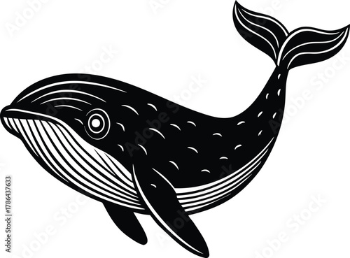 Black and white stylized whale illustration marine life