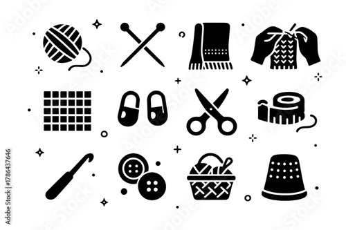 Knitting Icons Grid. Knitting a Scarf. Solid icons set of Knitting a Scarf: yarn ball, knitting needles, scarf, hands, pattern chart, stitch markers, scissors,