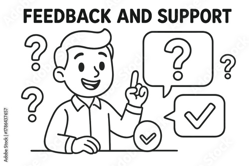 Friendly Cartoon Helper. Feedback and support children?s coloring book illustration, outlined drawing, helpful