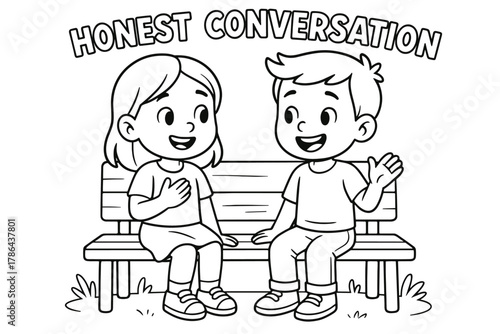 Open-Hearted Kids. Honest conversation children?s coloring book illustration, outlined drawing, smiling