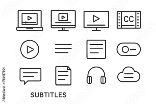 Video Subtitle Icons. Video editing subtitles. Line outline icon set of video editing subtitles: laptop,