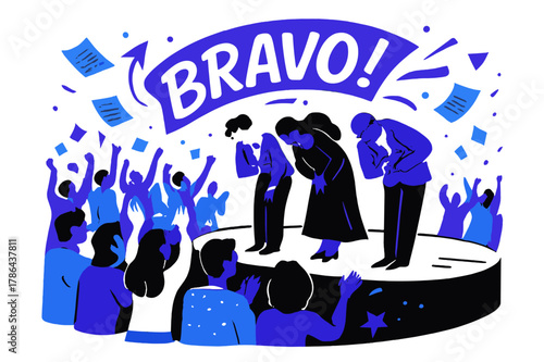 Bravo! Ovation Scene. Amphitheater ? Standing Ovation. The crowd rises in a wave; programs flutter like confetti as actors bow. Caption ?bravo!? sweeps in a