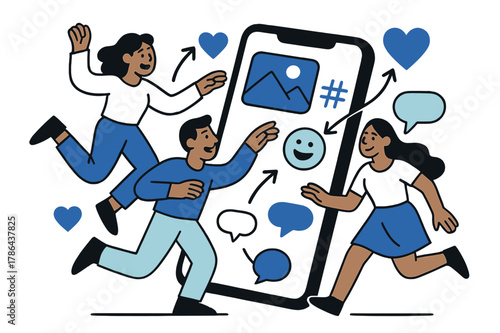Social Media Dynamics. Social media storytelling. A phone screen glowing with images, hashtags, and emojis