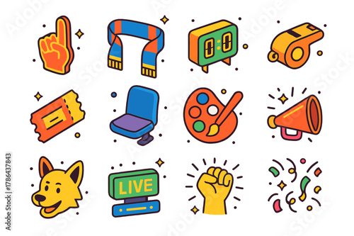 Colorful Sports Fan Icons. Sports event fan tags. Colorful isometric vector icons set of Sports event fan tags: foam finger, team scarf, scoreboard tile,