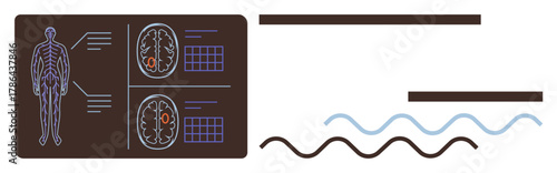 Medical screen showing brain scans, body skeleton, and data charts. Ideal for healthcare, diagnostics, neurology, research, technology education medical imaging. Simple flat metaphor