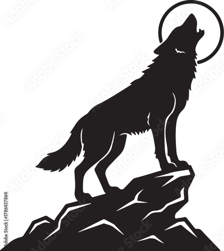Silhouette of a wolf howling at the moon on a rocky outcrop animal on transparent background