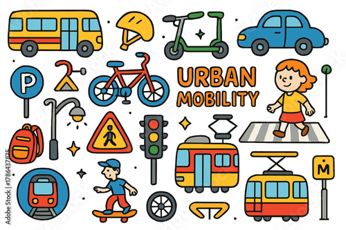 Urban Mobility Doodle. urban mobility. Colorful Hand-drawn doodle Children illustration urban mobility bus, bicycle, scooter, pedestrian, car, traffic light,