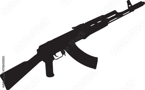 Black Silhouette of an AK-47 Assault Rifle on a White Background Keywords: AK-47, assault rifle, firearm, gun, weapon, military, combat, army, soldier, rifle, silhouette, on transparent background
