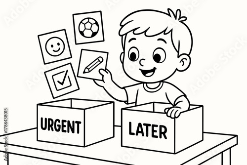 Task Sorting Fun. Prioritizing tasks children?s coloring book illustration, outlined drawing, child sorting