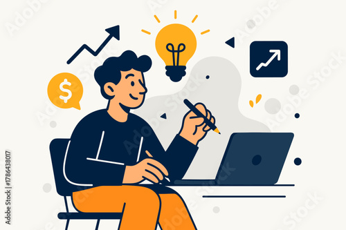 Creative Digital Workspace. Digital entrepreneurship. A person sitting at a desk with a laptop, hands holding a pen, and a lightbulb turning on above their
