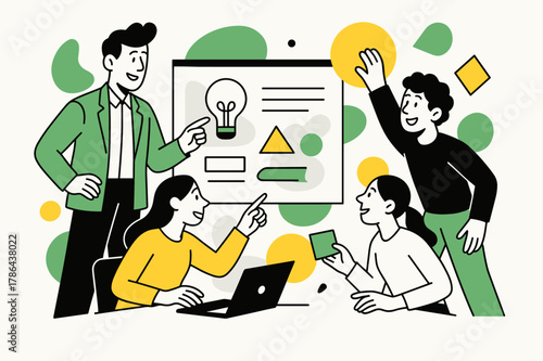 Creative Team Collaboration. Team Leaders Guiding Teams in Creative Projects. Leader presenting project ideas on a screen with team members collaborating and